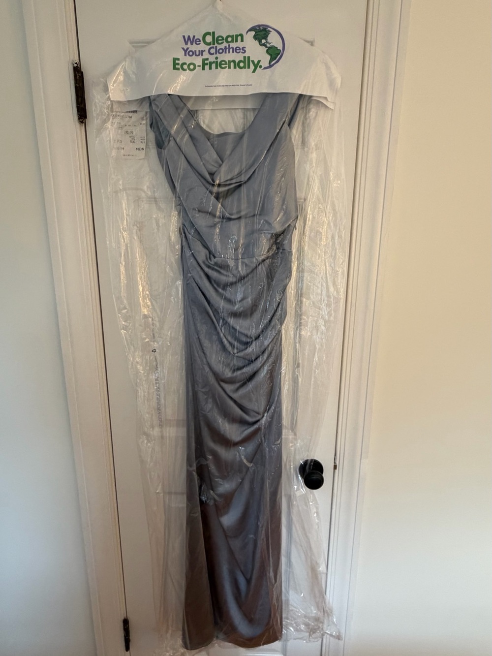 Meshki One-Shoulder Satin Gown in Light Silver Blue - Picture 8 of 8